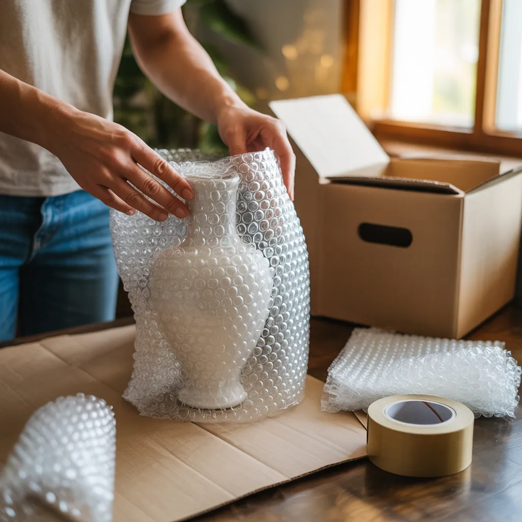 Hands wrapping a glass vase in bubble wrap with packing tape and an open cardboard box nearby