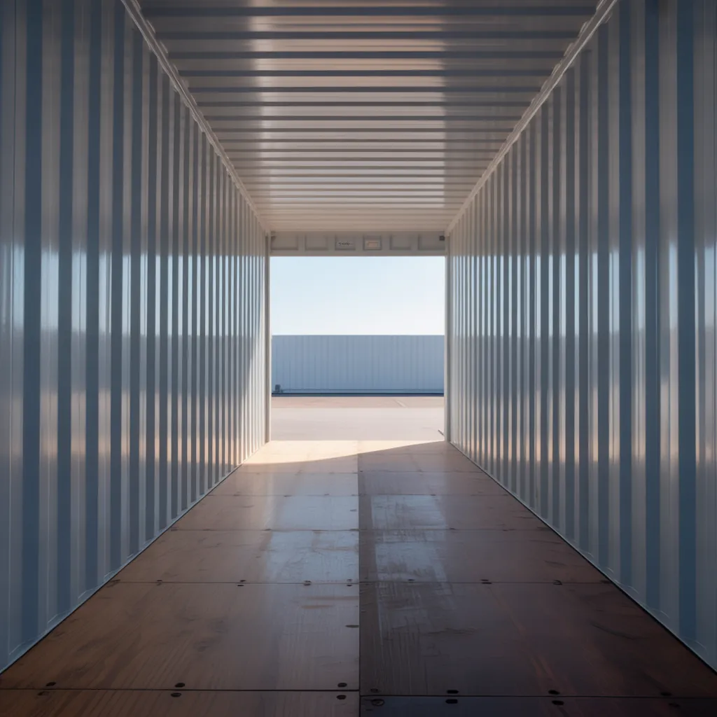 Inside view of a clean shipping container storage unit with corrugated metal walls and plywood floor looking toward the open door