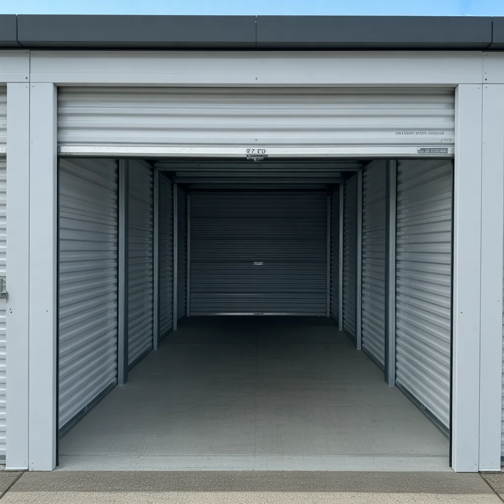 Clean empty self-storage unit with white roll-up door open viewed from outside on a clear day