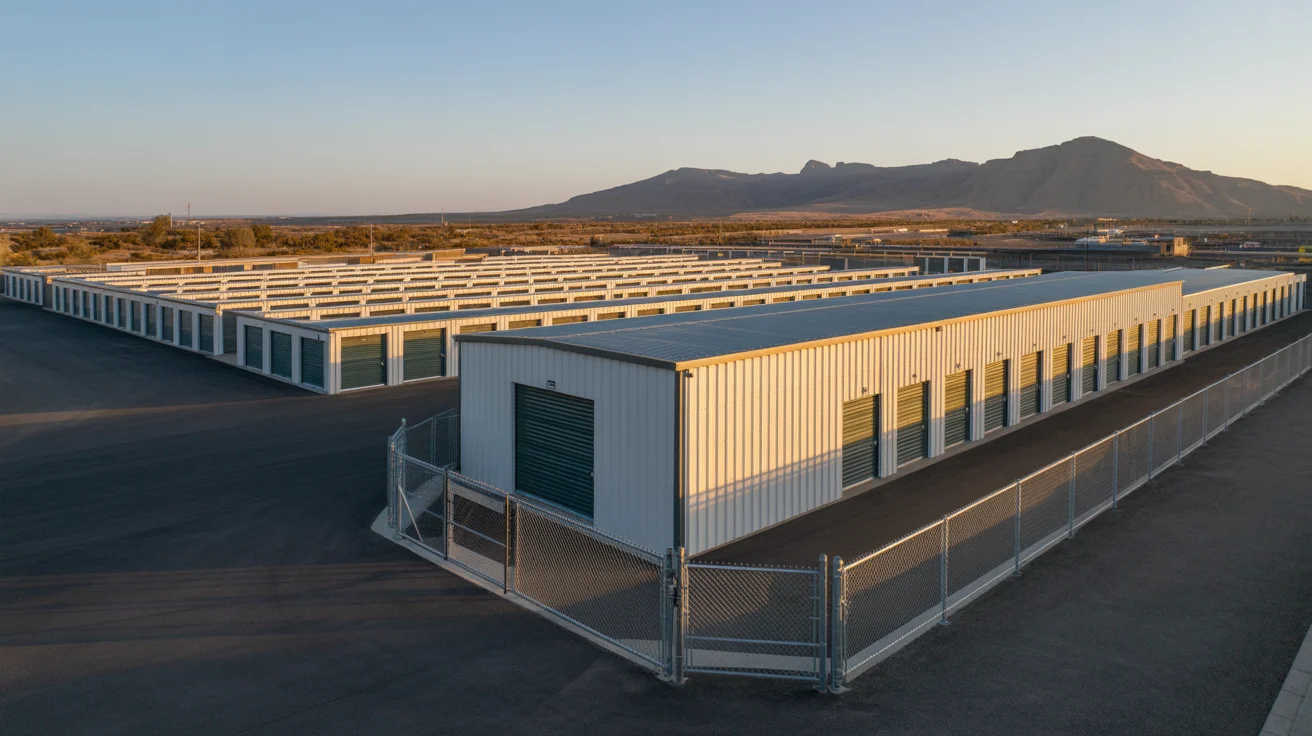 Aerial view of SJ Storage facility in Twin Falls, Idaho with rows of drive-up storage units and a large indoor storage building