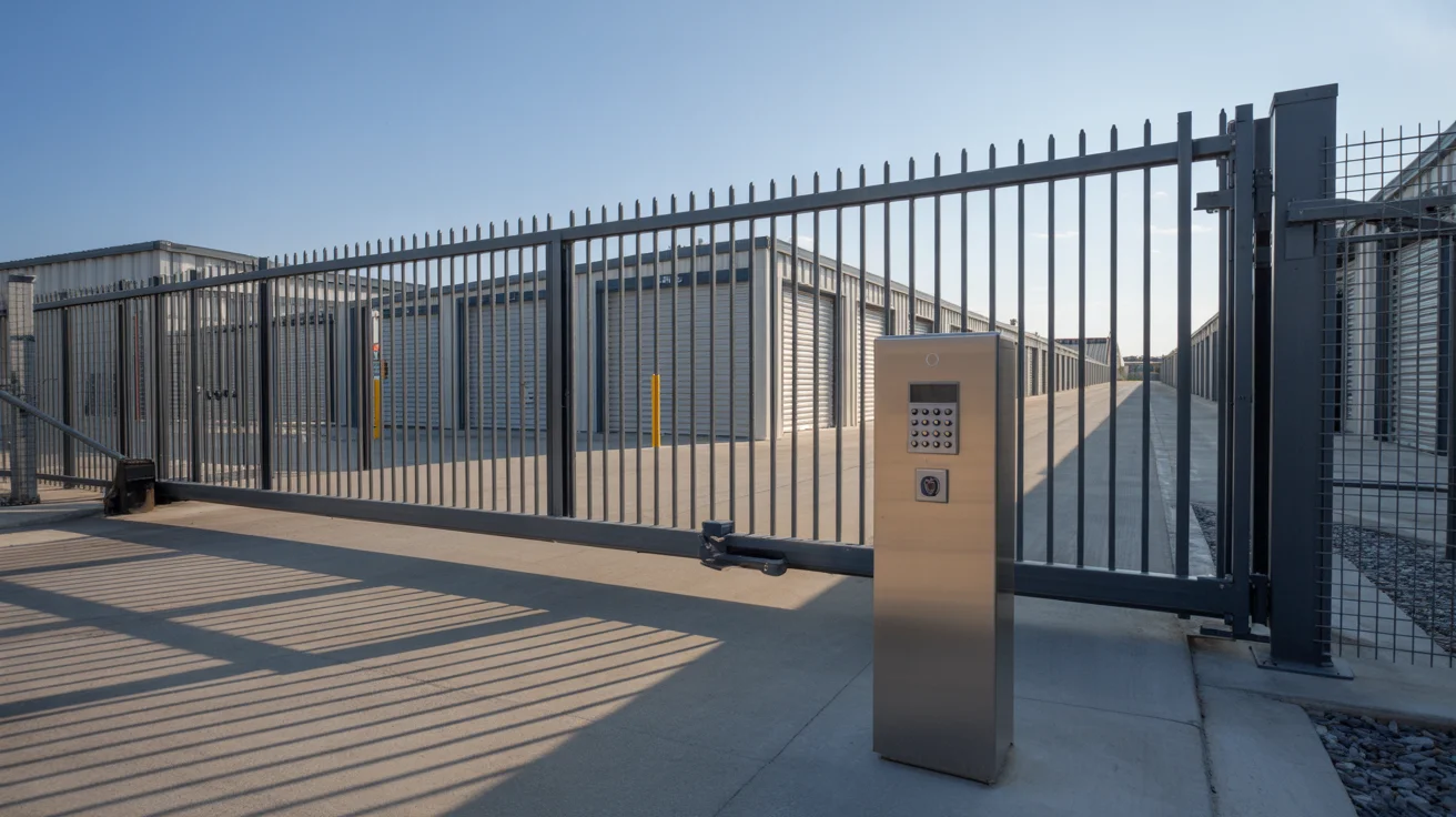 Automated sliding security gate at SJ Storage with keypad pedestal and paved drive lane