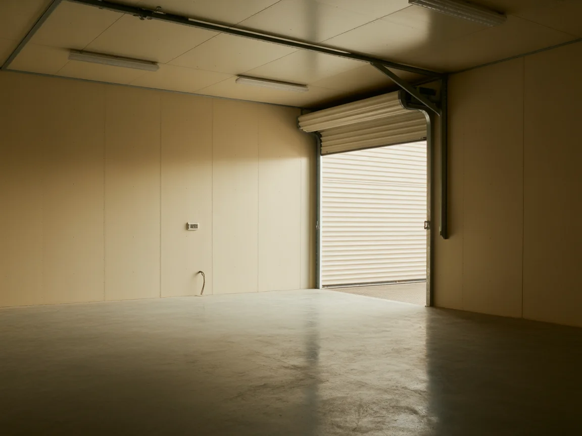Interior of a clean, empty 12x30 indoor storage unit with polished concrete floor, roll-up door partially open, and a power outlet on the wall