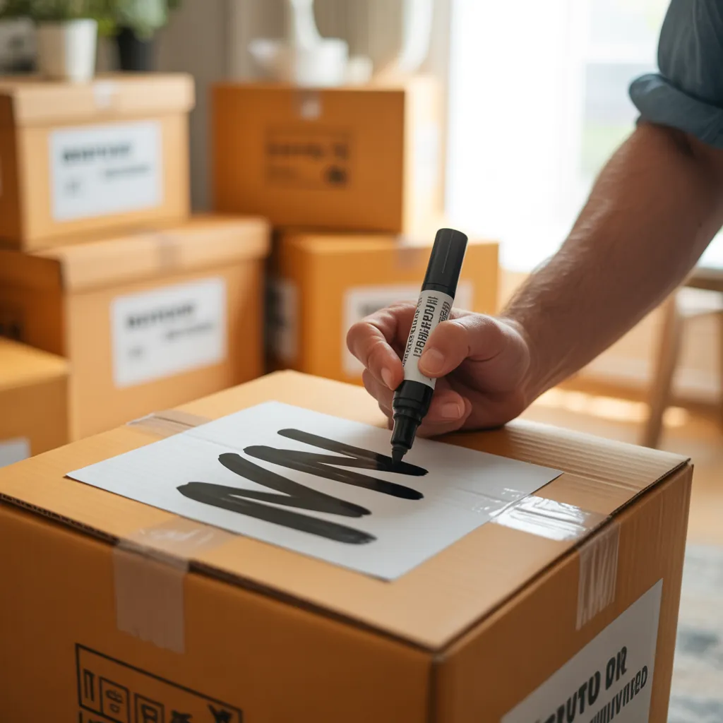 Person writing on a cardboard moving box with a thick black marker surrounded by labeled boxes