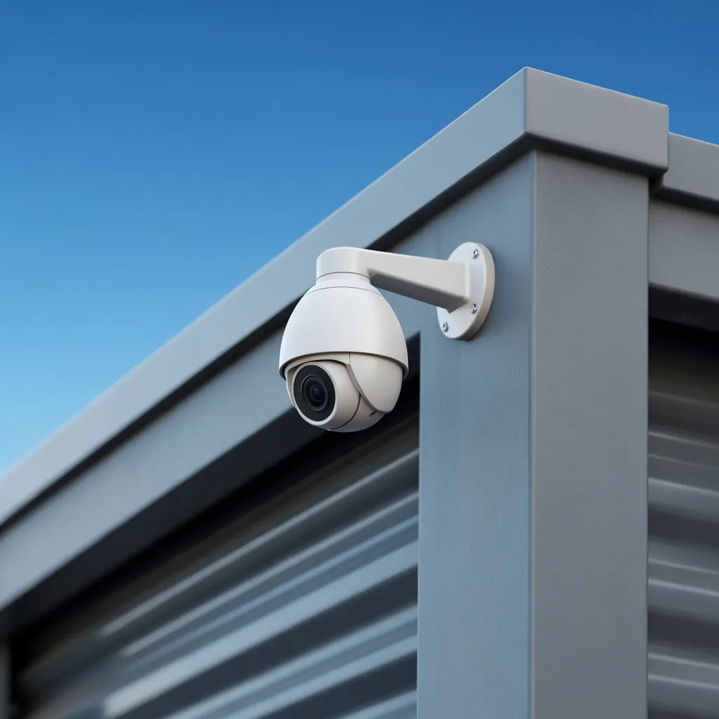White dome security camera mounted on the corner of a gray storage facility building with blue sky