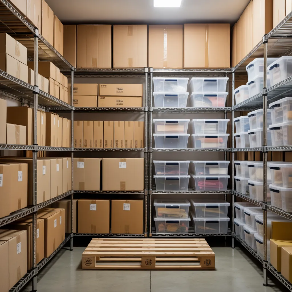 Organized storage unit with metal wire shelving holding cardboard boxes and clear plastic bins with a wooden pallet on the floor