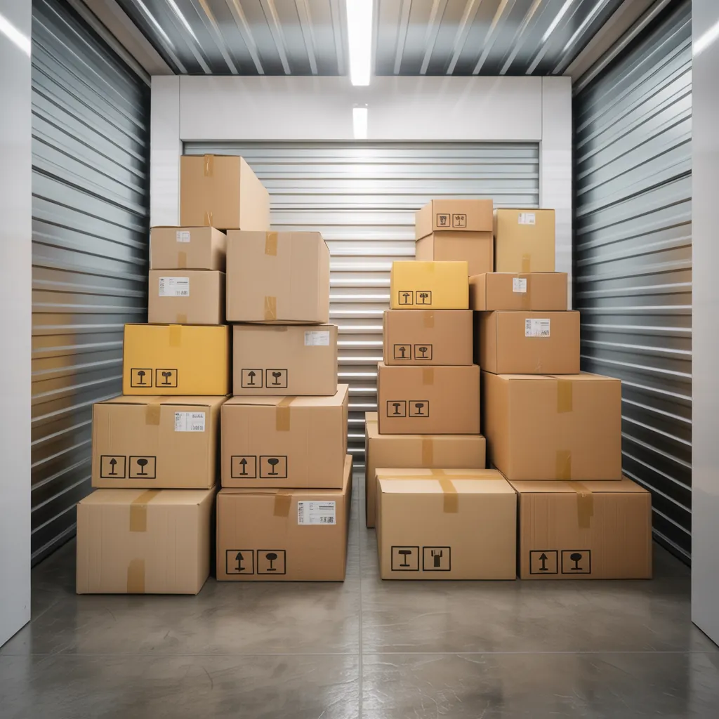 Cardboard moving boxes strategically stacked in two columns inside a storage unit with largest on bottom