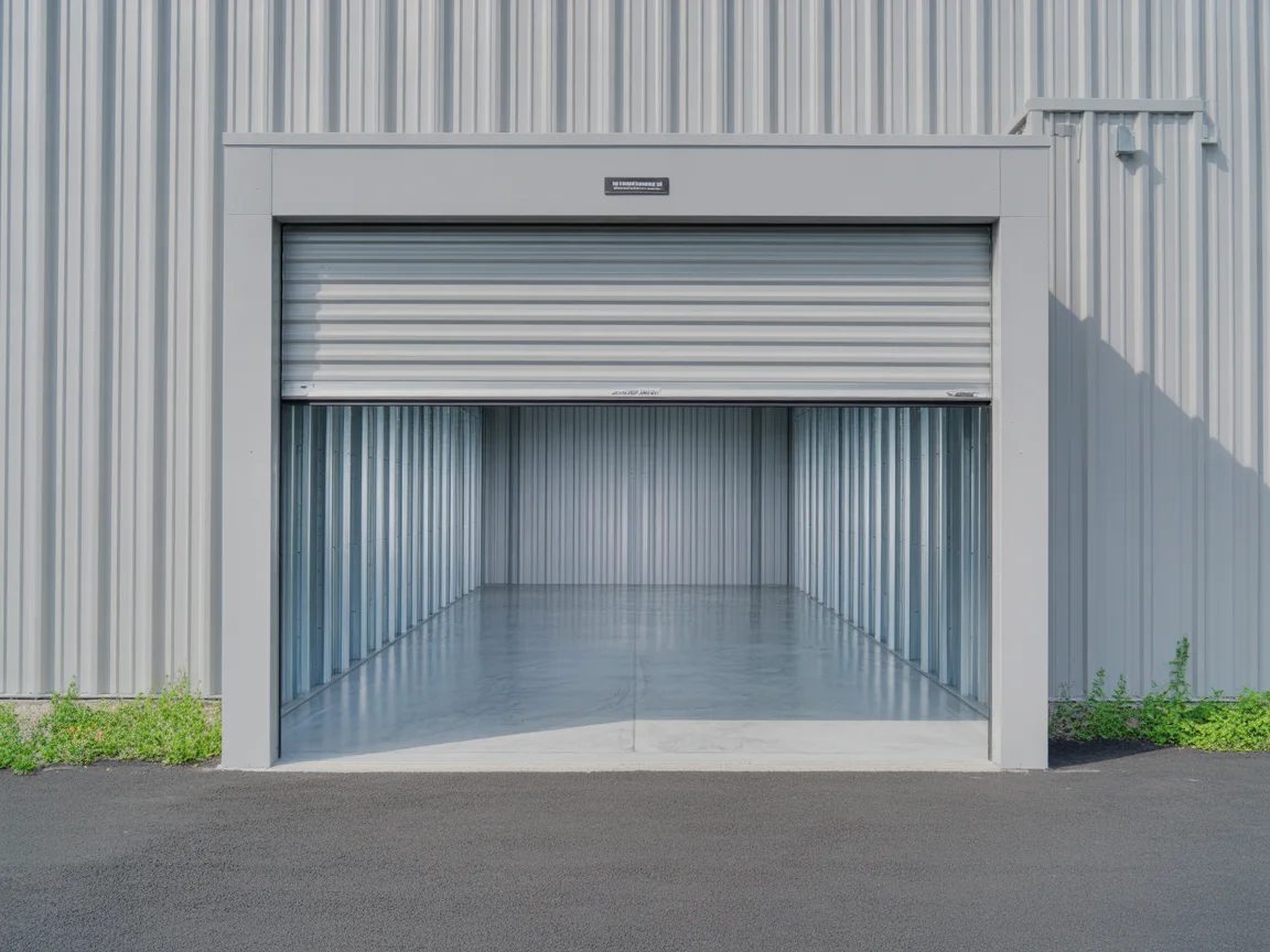 Exterior of a single drive-up storage unit at SJ Storage with a clean white roll-up door fully raised